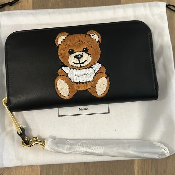 Moschino Bear Logo Embroidered Leather Wristlet Wallet